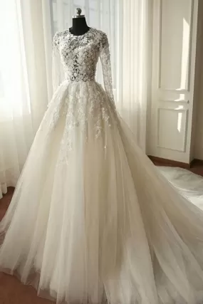 2024 Newest A Line Long Sleeves Tulle With Appliques Wedding Dresses