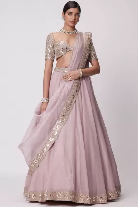 Ash Pink Flower Organza Lehenga Set