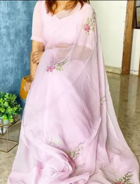 Baby Pink Pure Chiffon Handwork Saree