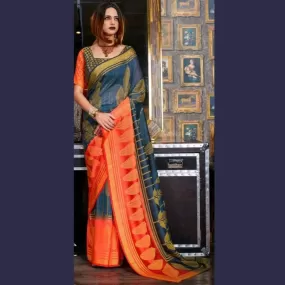 Blue and Orange woven Saree