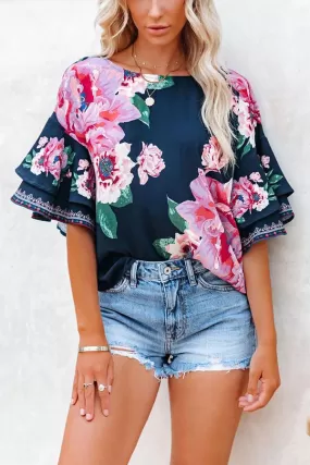 Bursting Blooms Floral Bell Sleeve Blouse