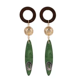 Ethnic Style Wood Tassel Circle Drop Earrings - 2 Colors (Green & Black)