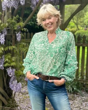 Flower Print Spanish Sleeve Blouse - Emerald Green