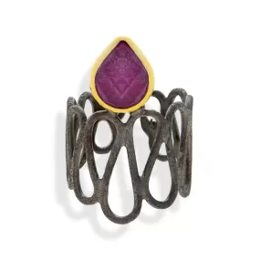 Handmade Black & Gold Plated Silver Ring With A Ruby Quartz Gemstone