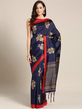 Ishin Art Silk Navy Blue Floral Printed Women's Saree