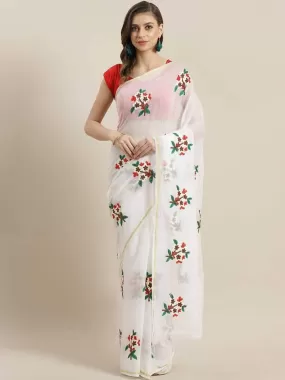 Ishin Poly Cotton White Embroidered Women's Saree