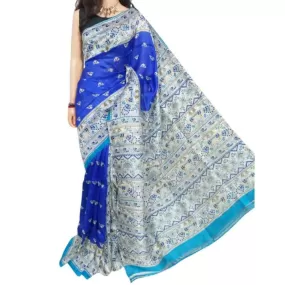 Murshidabad Silk Saree with Fine Block print  - Blue