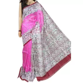 Murshidabad Silk Saree with Fine Block print  - Pink