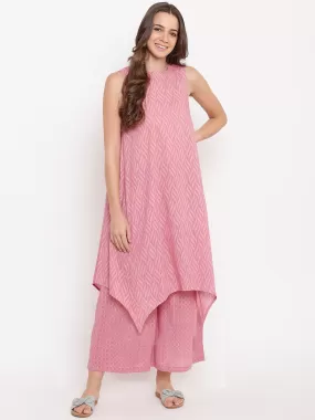 Pink Dobby Asymmetric Kurta-Palazzo