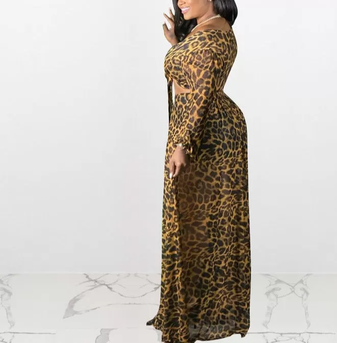 WOMEN CHEETAH PRINT TWIN LONG SLEEVE LACE UP TOP AND SKIRT OUTFIT SET